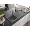 Mexen Cesar chiuvetă de granit cu un compartiment, cu picurător și baterie de bucătărie Flora, Gri - 6514-71-670401-06