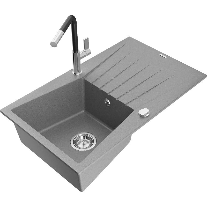 Mexen Cesar chiuvetă de granit cu 1 compartiment cu picurător și baterie de bucătărie Flora, gri - 6514-71-670401-07