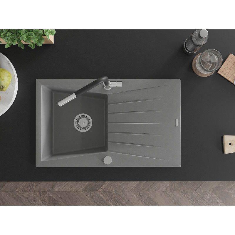 Mexen Cesar egykamrás gránit mosogató csepegtetővel és Flora konyhai csapteleppel, szürke - 6514-71-670401-07