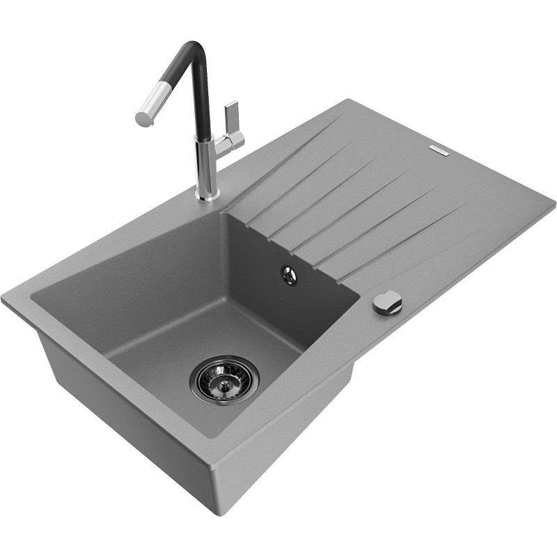 Mexen Cesar chiuvetă de granit cu 1 compartiment, cu scurgător și baterie de bucătărie Flora, gri - 6514-71-670401-07-B