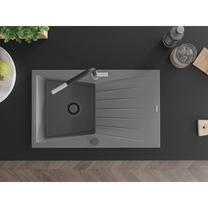 Mexen Cesar egykamrás gránit mosogató csepegtetővel és Flora konyhai csapteleppel, szürke - 6514-71-670401-07-B