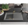 Mexen Cesar chiuvetă de granit cu un compartiment, cu picurător și baterie de bucătărie Flora, Gri - 6514-71-670401-57-G