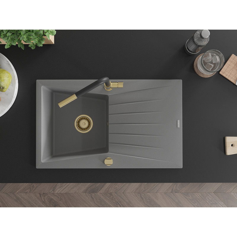 Mexen Cesar chiuvetă de bucătărie din granit cu 1 cuvă, cu scurgător și baterie de bucătărie Flora, gri - 6514-71-670401-57-G