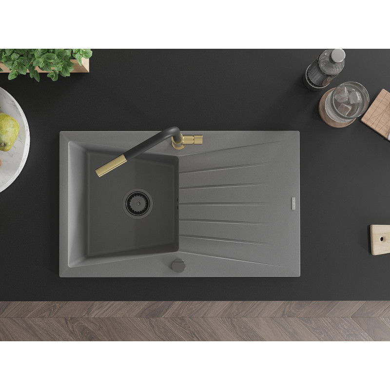 Mexen Cesar chiuvetă din granit cu o singură cuvă cu scurgător și baterie de bucătărie Flora, gri - 6514-71-670401-57-B
