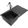 Mexen Cesar chiuvetă din granit cu 1 compartiment și scurgător și robinet de bucătărie Flora, negru/argintiu metalic
