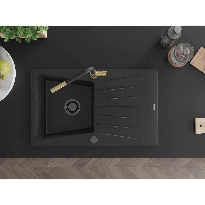 Mexen Cesar egymedencés gránit mosogató csepegtetővel és Flora konyhai csapteleppel, fekete/ezüst metál - 6514-73-670401-57-B