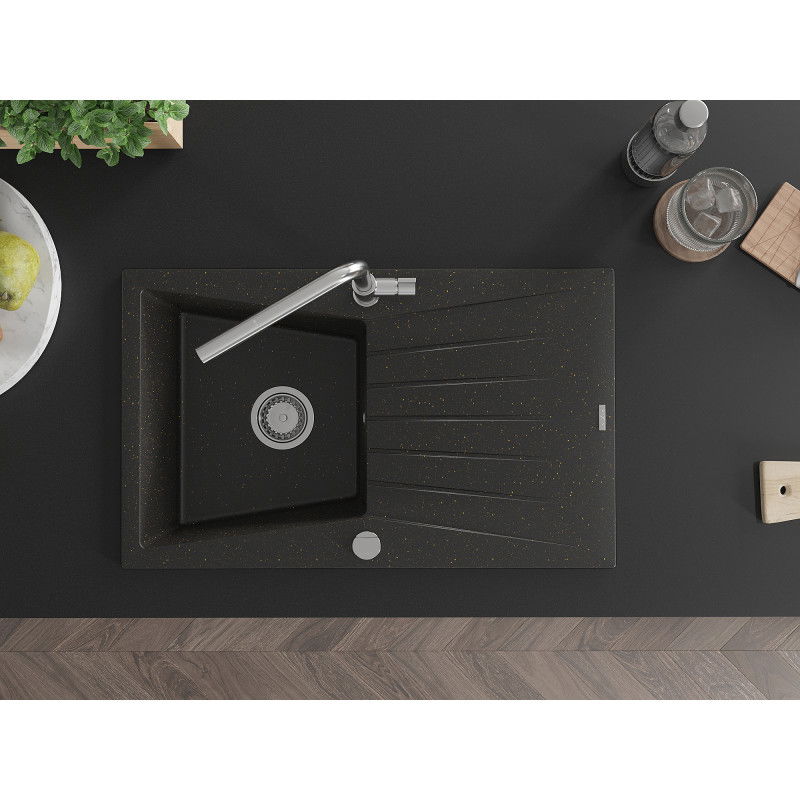 Mexen Cesar chiuvetă din granit cu 1 compartiment cu scurgător și baterie de bucătărie Flora, negru/auriu metalic
