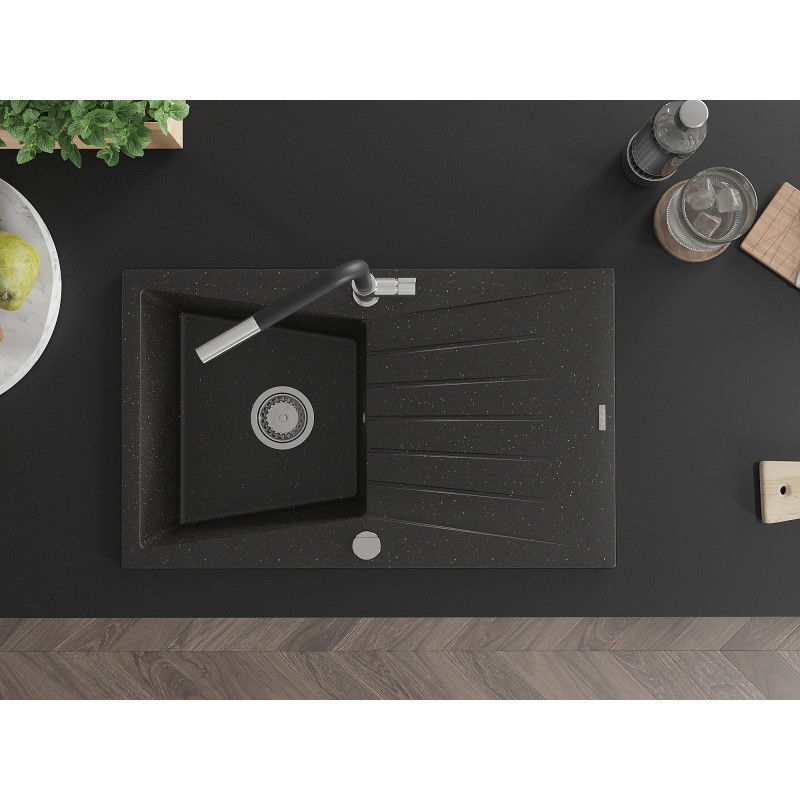 Mexen Cesar chiuvetă de granit cu 1 compartiment cu scurgător și baterie de bucătărie Flora, negru/auriu metalic