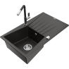 Mexen Cesar chiuvetă de granit cu 1 compartiment cu scurgător și baterie de bucătărie Flora, negru/auriu metalic