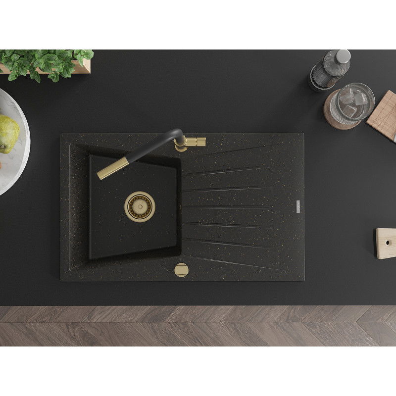 Mexen Cesar chiuvetă de bucătărie din granit cu 1 compartiment, scurgător și baterie Flora, negru/auriu metalic
