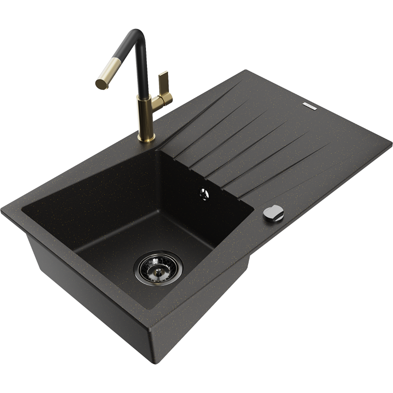 Mexen Cesar chiuvetă de bucătărie granit 1-cameră cu scurgător și baterie Flora, negru/auriu metalic - 6514-75-670401-57-B