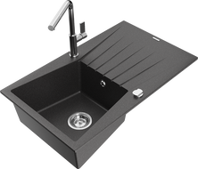 Chiuvetă de granit Mexen Cesar cu 1 compartiment cu scurgător și baterie de bucătărie Flora, negru pistruiat - 6514-76-670401-00