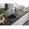Mexen Cesar chiuvetă de granit cu 1 cameră cu picurător și baterie de bucătărie Flora, negru pestriț - 6514-76-670401-07