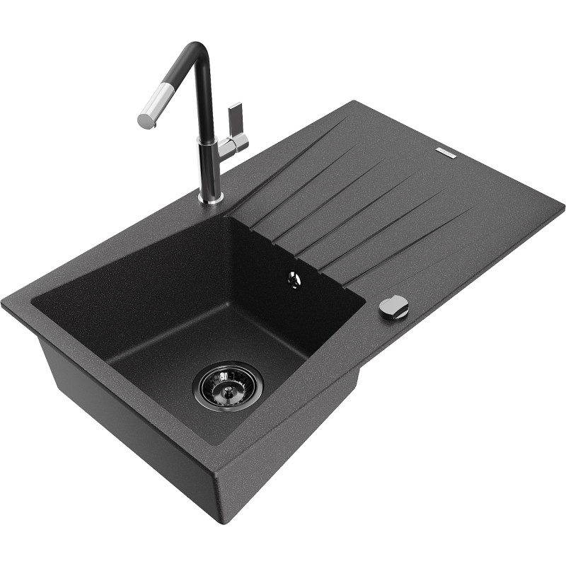 Mexen Cesar chiuvetă de granit 1-cameră cu scurgător și baterie de bucătărie Flora, negru cu pete - 6514-76-670401-07-B