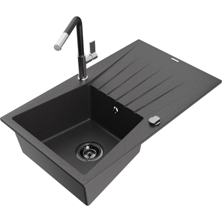 Mexen Cesar chiuvetă de granit 1-cameră cu scurgător și baterie de bucătărie Flora, negru cu pete - 6514-76-670401-07-B