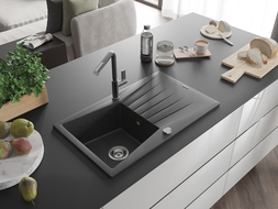 Mexen Cesar chiuvetă de granit cu 1 compartiment și scurgător, cu baterie de bucătărie Flora, negru cu pete - 6514-76-670401-08