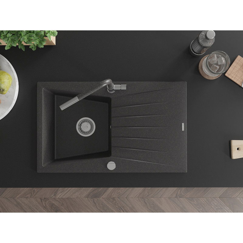 Mexen Cesar chiuvetă de granit cu 1 compartiment cu scurgător și baterie de bucătărie Flora, negru cu pete - 6514-76-670401-08