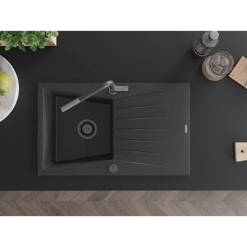 Mexen Cesar gránit mosogató 1-medencés csepegtetővel és Flora konyhai csapteleppel, fekete pöttyös - 6514-76-670401-08-B
