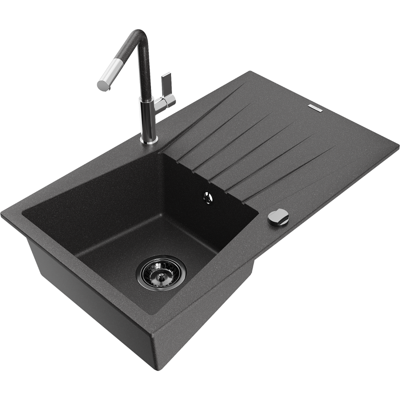 Mexen Cesar chiuvetă de granit cu 1 cuvă cu scurgător și baterie de bucătărie Flora, negru cu pete - 6514-76-670401-08-B