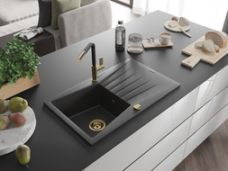 Mexen Cesar chiuvetă de bucătărie granit 1-cameră cu scurgător și baterie Flora, negru pătat - 6514-76-670401-57-G