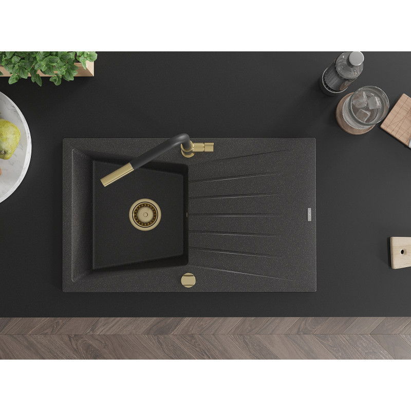 Mexen Cesar gránit mosogató 1-medencés csepegtetővel és Flora konyhai csappal, fekete pettyes - 6514-76-670401-57-G