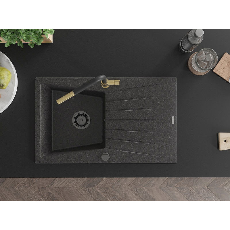 Mexen Cesar 1-medencés gránit mosogató csepptálcával és Flora konyhai csappal, fekete pöttyös - 6514-76-670401-57-B