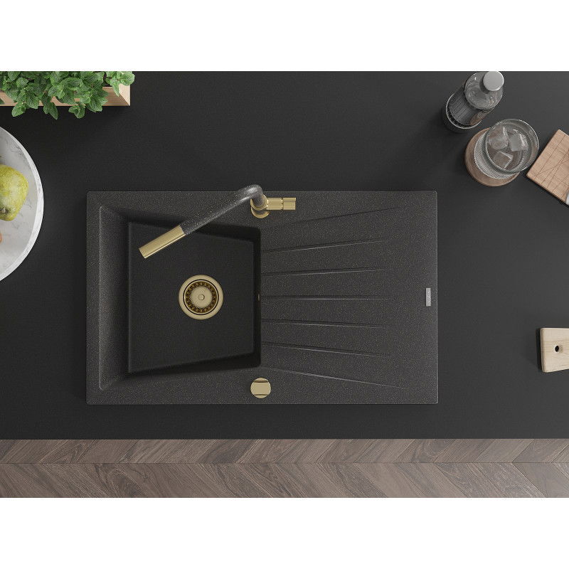 Mexen Cesar chiuvetă de granit cu 1 compartiment cu scurgător și baterie de bucătărie Flora, negru pătat - 6514-76-670401-75-G