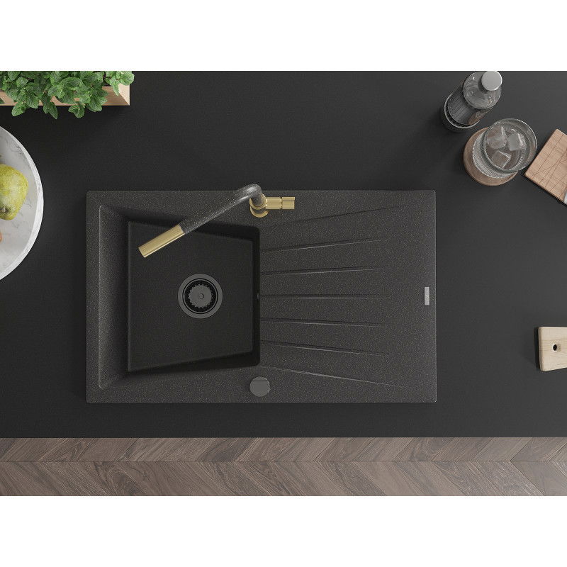 Mexen Cesar 1 rekeszes gránit mosogató csepegtetővel és Flora konyhai csapteleppel, fekete foltos - 6514-76-670401-75-B
