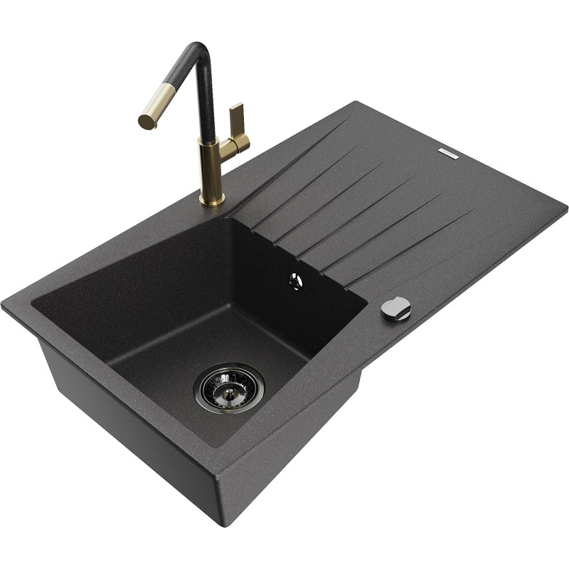 Mexen Cesar chiuvetă granitică 1-cameră cu scurgător și baterie de bucătărie Flora, negru pătat - 6514-76-670401-75-B