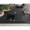 Mexen Cesar chiuvetă de granit cu un compartiment, cu picurător și baterie de bucătărie Flora, Neagră - 6514-77-670401-07