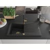 Mexen Cesar chiuvetă de granit cu un compartiment, cu picurător și baterie de bucătărie Flora, Neagră - 6514-77-670401-57-G