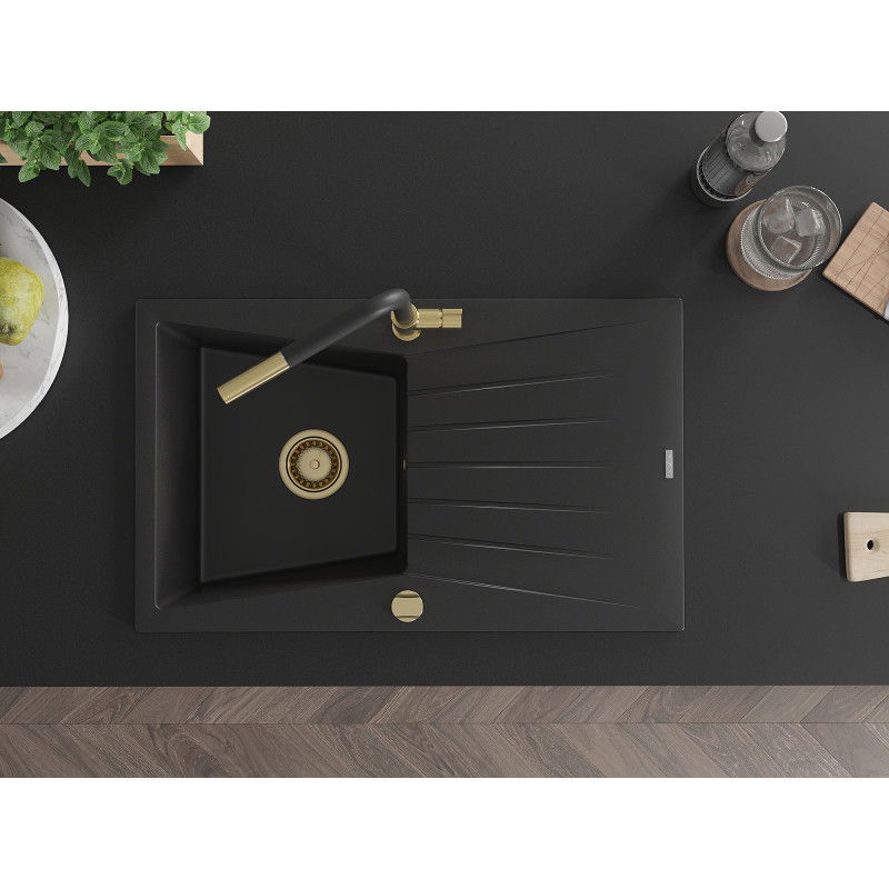 Mexen Cesar chiuvetă de granit cu 1 cameră cu scurgător și baterie de bucătărie Flora, negru - 6514-77-670401-57-G