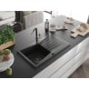 Mexen Cesar chiuvetă de granit cu un compartiment, cu picurător și baterie de bucătărie Flora, Neagră - 6514-77-670401-57-B