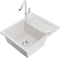 Mexen Enzo chiuvetă de granit cu 1 compartiment și scurgător și baterie de bucătărie Flora, alb - 6506-20-670401-02