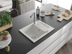 Mexen Enzo egymedencés gránit mosogató csepegtetővel és Flora konyhai csapteleppel, fehér - 6506-20-670401-06