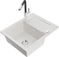 Mexen Enzo chiuvetă de bucătărie din granit cu 1 compartiment cu picurător și baterie Flora, alb - 6506-20-670401-07