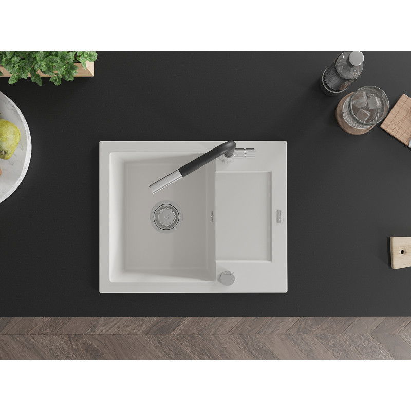 Mexen Enzo gránit mosogatótálca 1-medencés csepegtetővel és Flora konyhai csappal, fehér - 6506-20-670401-07