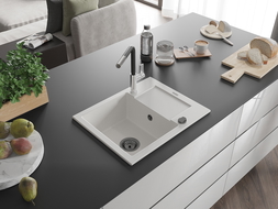 Mexen Enzo chiuvetă de granit cu o singură cameră cu scurgător și baterie de bucătărie Flora, alb - 6506-20-670401-07-B