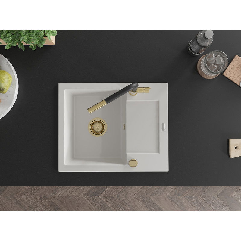 Mexen Enzo gránit 1-medencés mosogató csepegtetővel és Flora konyhai csapteleppel, fehér - 6506-20-670401-57-G