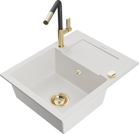 Mexen Enzo gránit 1-medencés mosogató csepegtetővel és Flora konyhai csapteleppel, fehér - 6506-20-670401-57-G