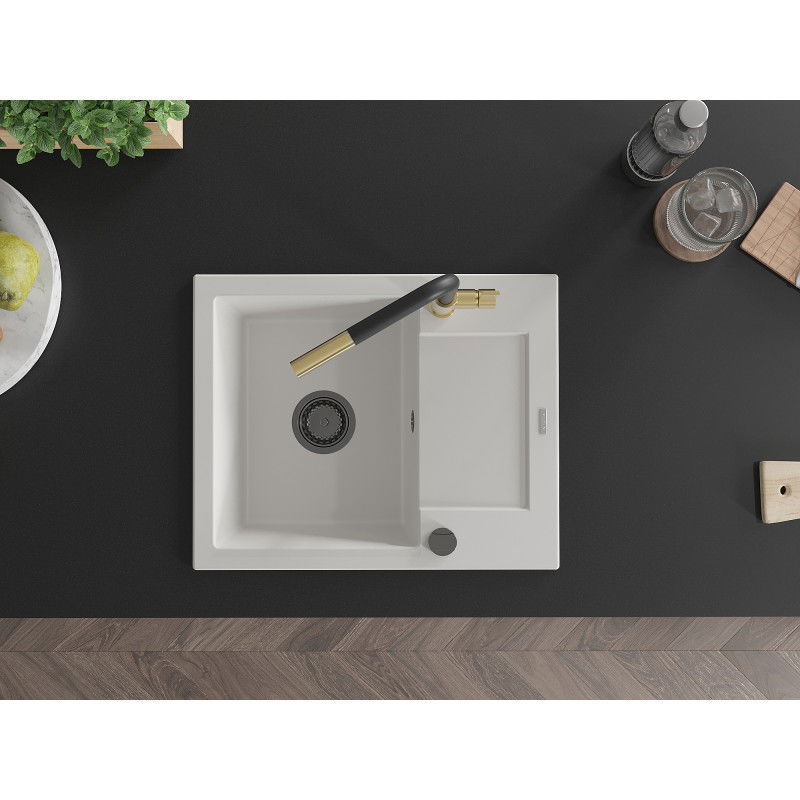 Mexen Enzo 1-medencés gránit mosogató csepegtetővel és Flora konyhai csappal, fehér - 6506-20-670401-57-B