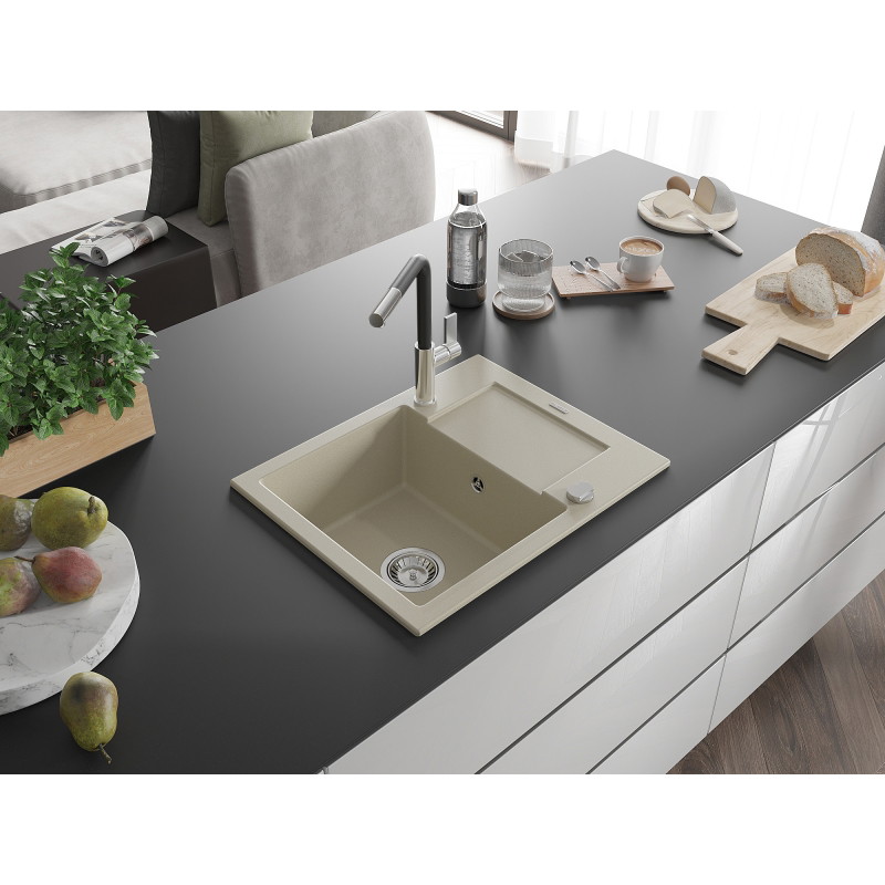 Mexen Enzo chiuvetă din granit cu 1 compartiment cu scurgător și baterie de bucătărie Flora, bej - 6506-69-670401-07