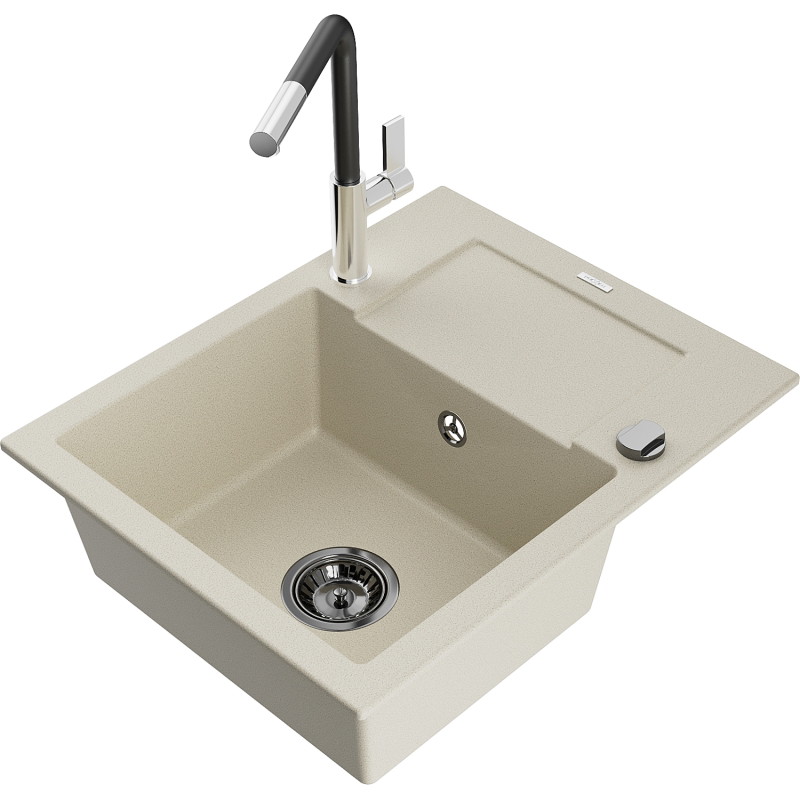 Mexen Enzo chiuvetă de granit cu 1 cuvă cu scurgător și baterie de bucătărie Flora, bej - 6506-69-670401-07-B