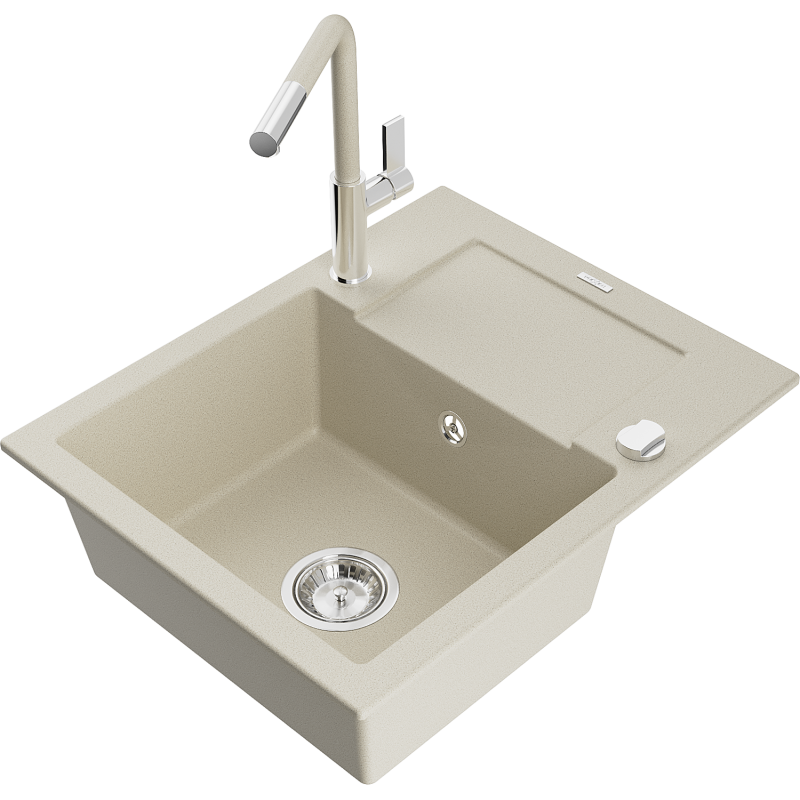 Mexen Enzo 1 rekeszes gránit mosogató csepptálcával és Flora konyhai csapteleppel, bézs - 6506-69-670401-09