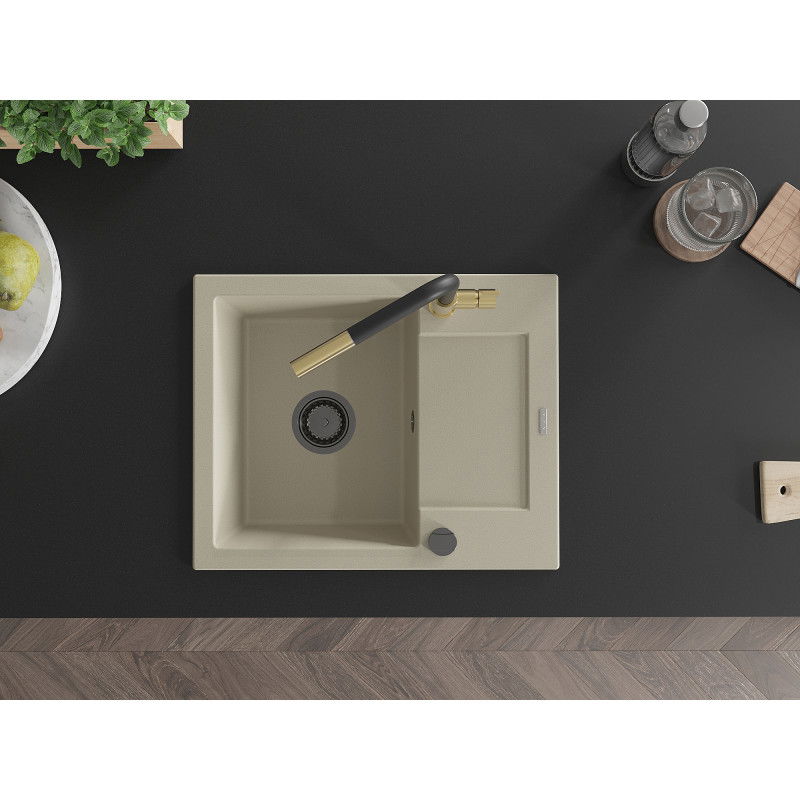 Mexen Enzo 1 kamrás gránit mosogató csepegtetővel és Flora konyhai csapteleppel, bézs - 6506-69-670401-57-B
