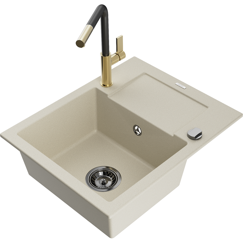 Mexen Enzo 1 kamrás gránit mosogató csepegtetővel és Flora konyhai csapteleppel, bézs - 6506-69-670401-57-B