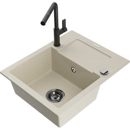 Mexen Enzo chiuvetă de granit cu 1 cuvă, cu scurgător și baterie de bucătărie Flora, bej - 6506-69-670401-70-B