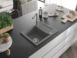 Mexen Enzo chiuvetă granit 1-cameră cu picurător și baterie de bucătărie Flora, gri - 6506-71-670401-00