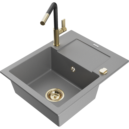 Chiuvetă de granit Mexen Enzo cu 1 cuvă, cu scurgător și baterie de bucătărie Flora, gri - 6506-71-670401-57-G