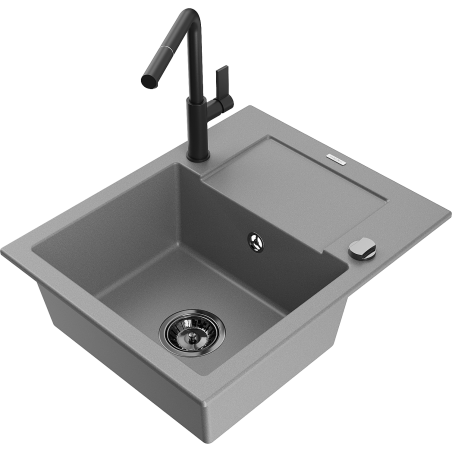 Chiuvetă de granit Mexen Enzo cu 1 cuvă și picurător și baterie de bucătărie Flora, gri - 6506-71-670401-70-B